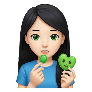 A girl with long black hair and black eyes wearing a blue t-shirt holding a piece of green hard candy in one hand and a green candy wrapper showing a guava on it in the other hand sticker