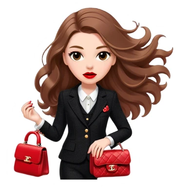 White girl with brown long hair dressed up in black chanel tweed suit with a red chanel bag and red lipstick. Close up with wind blowing her hair looking fancy sticker