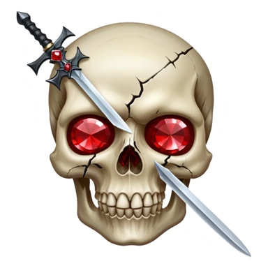 make me a red crystal skull partly see thew super gem like make it realistic and held together by a black bow and a small dager to the eye with cracks coming from it  sticker