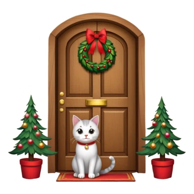 A door with a cat in front of it with h christmas elements on the door sticker