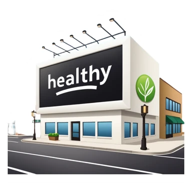 make a billboard on top of a healthy restaurant building written on it "healthy"  sticker