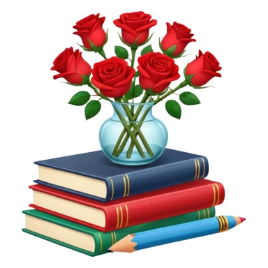 Five colorful books are stacked, along with a pencil holder full of crayons and a vase full of roses. The illustration style is cartoon. sticker