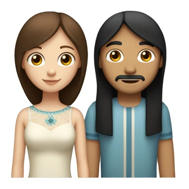 a married couple standing beside eachother, one has pale skin and long straight ginger hair with bangs and blue eyes, the other person is a man that is mexican and has straight chin length black hair with brown eyes sticker