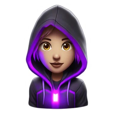 Girl developer behind his laptop with this style : Crytek Crysis Video game neon glowing bright purple character purlple black hooded hacker themed character sticker