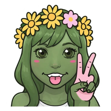 girly character sticking tongue out and showing peace hand sign, meme emoji style, over-the-top playful sticker