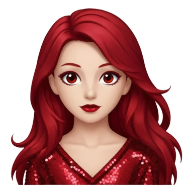 Chappell Roan (b.1998) with long dark red hair, red sequin outfit, makeup sticker