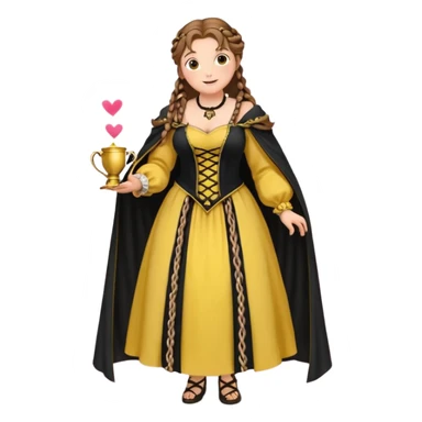 Helga Hufflepuff,brown-haired,2 braids,yellow-black medieval open dress,deep neckline,fat macromastia,black cloak decorated with gold braiding,gold cup with two handles,very kind smile,curvy busty,round rosy cheeks,full length with medieval shoes, inscription in pink heart says:"I love HELGA" sticker
