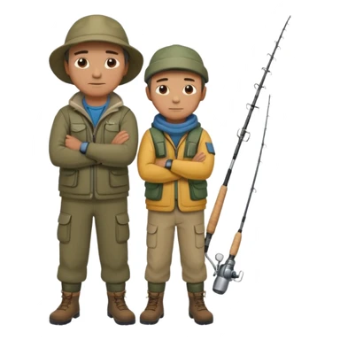 Father and son in fishing gear, arms crossed because they are cold full body sticker