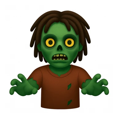 Transform the person in the image into a zombie with dreadlocks, classic green skin, and arms outstretched, in the style of emoji. The style should mimic the concise and simple look of apple style emojis with clear zombie features and green skin tone. sticker