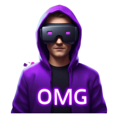 Russian man wearing a black hoodie with "OMG" letters on it and VR headset in a cyberpunk VR environment with violet neon lighting. sticker