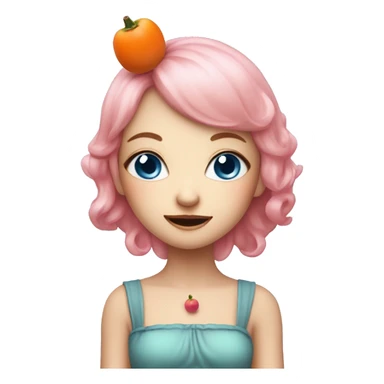 Cute fairy lady with pink hair, blue eyes, pointy ears, eating persimmon sticker