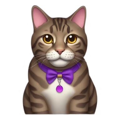 Fat dark brown tabby cat with a purple collar sticker