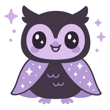 kawaii style magical gothic owl, cute face, black feathers, purple accents, wearing a starry cape, surrounded by magical sparkles, mysterious and friendly sticker
