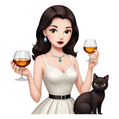 Beautiful woman in 1950’s woman fashion look, white dress, long dark brown hair, whisky with ice, black cat sticker