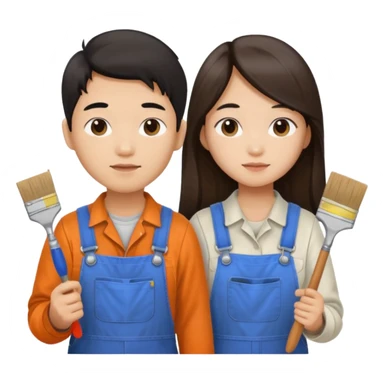 Asian boy with long hair  and girl painters sticker
