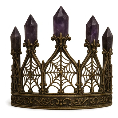 gothic crown in antique brass with amethyst crystals and spiderweb filigree, vintage and spooky sticker