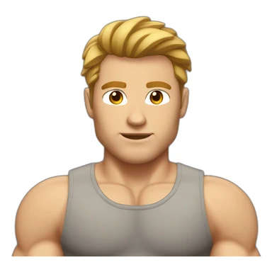 Muscular white man with brown color high volume hair cut wearing gym tshirt sticker