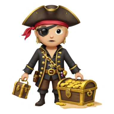 A 3D cartoon pirate character with one eye covered by a black eye patch, holding a treasure chest filled with gold coins and jewels, standing on sandy ground, wearing a pirate hat and coat, warm sunset lighting, realistic Memoji-style rendering. sticker