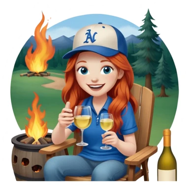 Laughing redhead with long hair and blue eyes wearing baseball cap holding white wine sitting in chair beside fire pit sticker