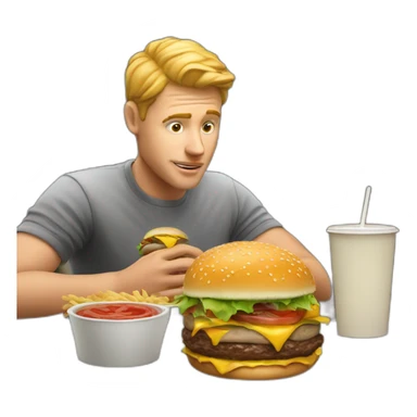 White Men eat a burger in restaurant and getting more and more sticker