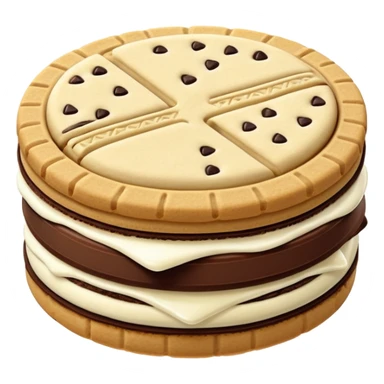 single sandwich cookie with two dark chocolate wafers and thick white cream layer in between, detailed embossed texture on surface, clean edge, slight gloss on cream, soft lighting, subtle shadows, emoji scale sticker