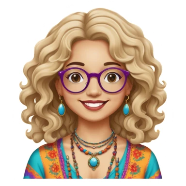 a portrait of janis joplin, with wavy hair, round glasses, and a warm smile. she wears bohemian jewelry and colorful clothing, capturing her iconic 60s vibe against a vibrant background. sticker