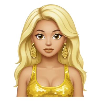 Beyonce with long platinum blonde hair, yellow sequin crop top, yellow earring sticker