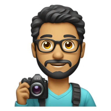 Young Latino film director with small beard and glasses holding a cinema camera sticker