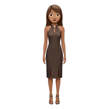 emoji-style illustration of a stylish woman with long straight brown hair, wearing a dark halter neck dress, elegant and minimalistic look, front-facing, soft 3D cartoon rendering, plain background sticker