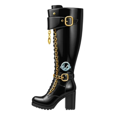 knee-high ultra detailed black patent leather boots with metallic buckle and chains sticker