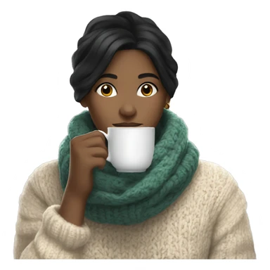 White girl black hair in a sweater and scarf sipping tea  sticker