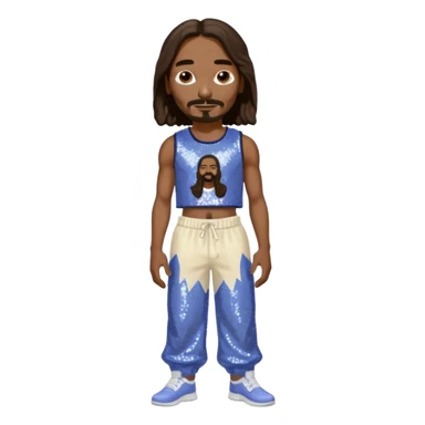 Snoop Dogg with long dark brown hair, periwinkle sequin crop top, cream sequin baggy pants sticker