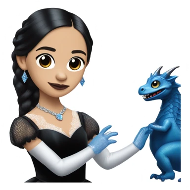 relaxed low-cut back silky black evening ball gown with lace gloves, Jenna Ortega as Wednesday Addams wearing a mini diamond tiara showing off blood blue cute horned old dragon hand-puppet sticker