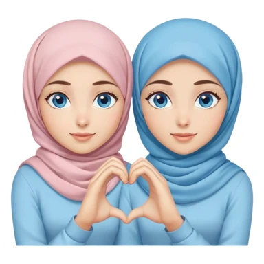Turkish beautiful finish Konya two girls blue eyes with pastel hijab and making love heart with hand gesture sticker