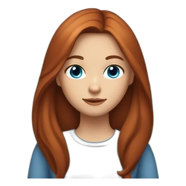 a girl with long, straight brown hair and blue eyes with a red cat sticker