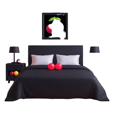 dark bedroom with black walls, black bed frame with black sheets, framed paintings of magic 8 balls and cherries, black nightstand with red LED lights sticker