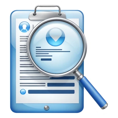 create a realistic emoji showing a logistic contract with a magnifying glass with color blue and white glassy style no gold, only gray sticker