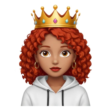 Slim girl with a fine face, dark chocolate-colored and tanned skin, medium-length curly tomato-red hair, dark eyes, medium-thick eyelashes, and a crown and hoop earrings wearing a white hooded sweatshirt.
 sticker