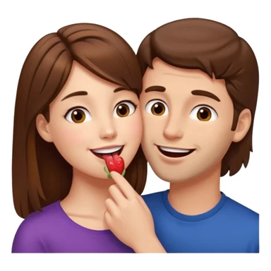 There is a girl with brown hair standing next to her, a tall man with brown hair, and the girl passionately licks his cheek sticker