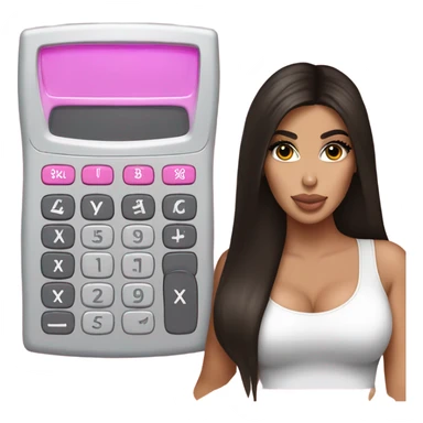 Hyper realistic kim kardashian with straight brown hair holding a small pink calculator sticker