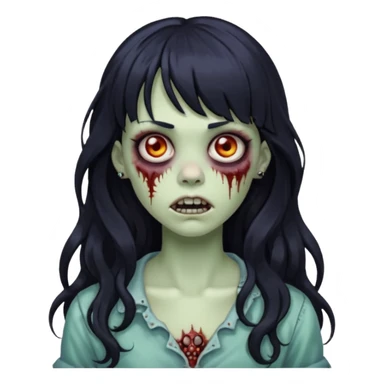 crie um kamoji estilo zumbi (feminina) com o cabelo comprido levemente ondulado e com franja preto, coloque alguns piercing  sticker