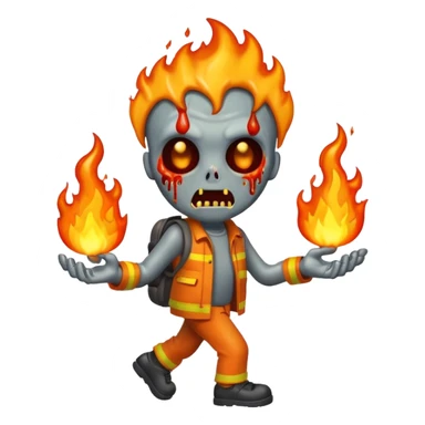 cartoon emoji-style fire zombie, walking with fire, melting features sticker