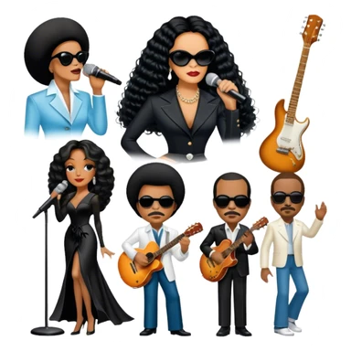 Icon for R&B Music: collage of legendary R&B artists—Diana Ross, Stevie Wonder, Marvin Gaye, Janet Jackson, Billy Ocean, and Whitney Houston. Represented by silhouettes or symbolic items like a microphone, guitar, or music notes. Transparent background. sticker