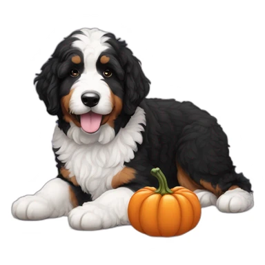 black and white bernedoodle with a pumpkin sticker