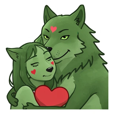 Black curly hair white skin girl hugging one big wolf with hearts above them sticker