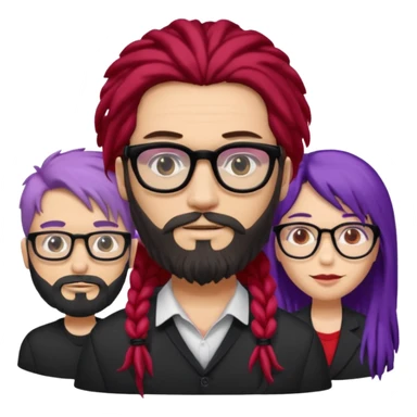 Man with long hair, glasses and Beard, next to man in black dreadlocks with red accent, woman in glasses with violet and black hair in the middle sticker