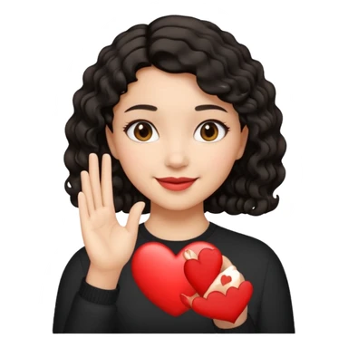 chica de cabello negro, corto y ondulado, haciendo un corazón con la mano, estilo emoji de iPhone, expresión sonriente sticker