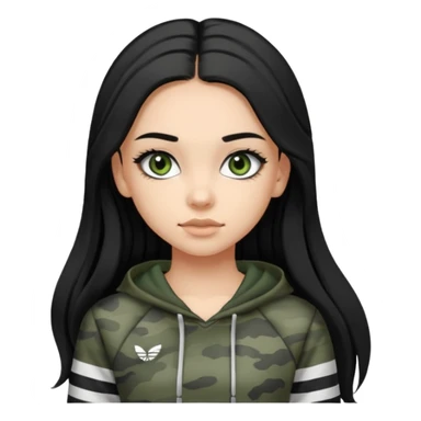 cute teenage girl, cute athletic clothes, light tan skin, dark camo green eyes, long black hair, very long eyelashes sticker