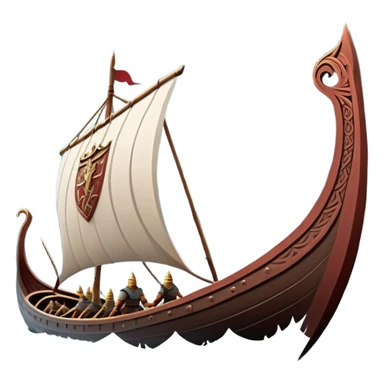 clash-of-clans-aesthetic_-cinematic-viking-longboat, rendered in a flat, bold vector style with minimal shading, featuring a striking dragon-headed prow slicing through icy, churning waters. shields on the side and vikings rowing The longboat’s intricately detailed shields and carved motifs evoke a sense of epic adventure and Nordic might, with billowing sails catching a dramatic, stormy sky backdrop. sticker