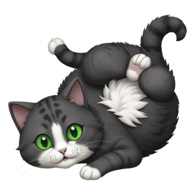 solid dark grey cat with green eyes, white toes/paws and white patch on her chest playfully rolling upside down sticker